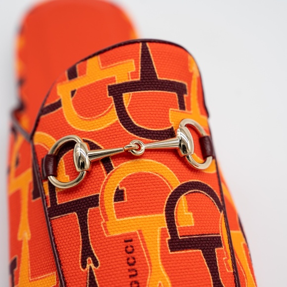 size 39.5G 9.5 US Gucci Princetown Horsebit Print Orange Mules Slip On - Picture 9 of 13